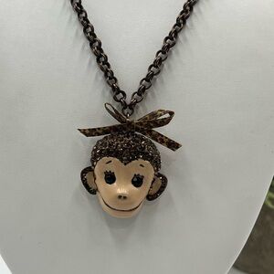 Betsey Johnson Bronze Tone Safari Zoo Rhinestone 3d‎ Monkey Face Necklace